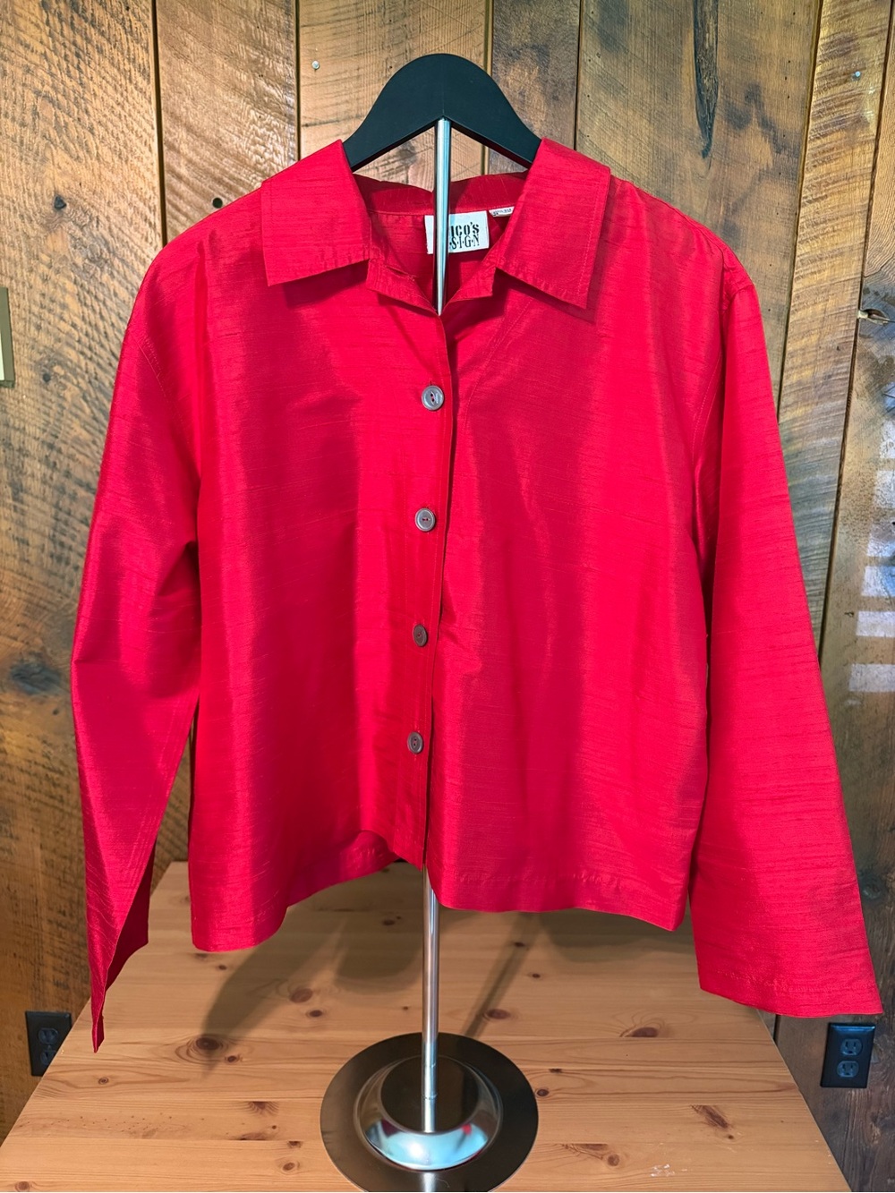 VTG 90s Chico's Design Red Raw Silk Embroidered Jacket Blouse Artisanal Size L